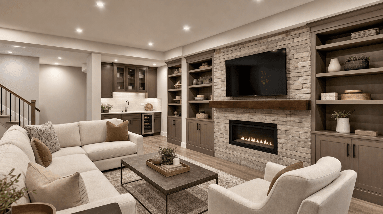 A beautifully finished, durable-looking basement living space conveying lasting quality