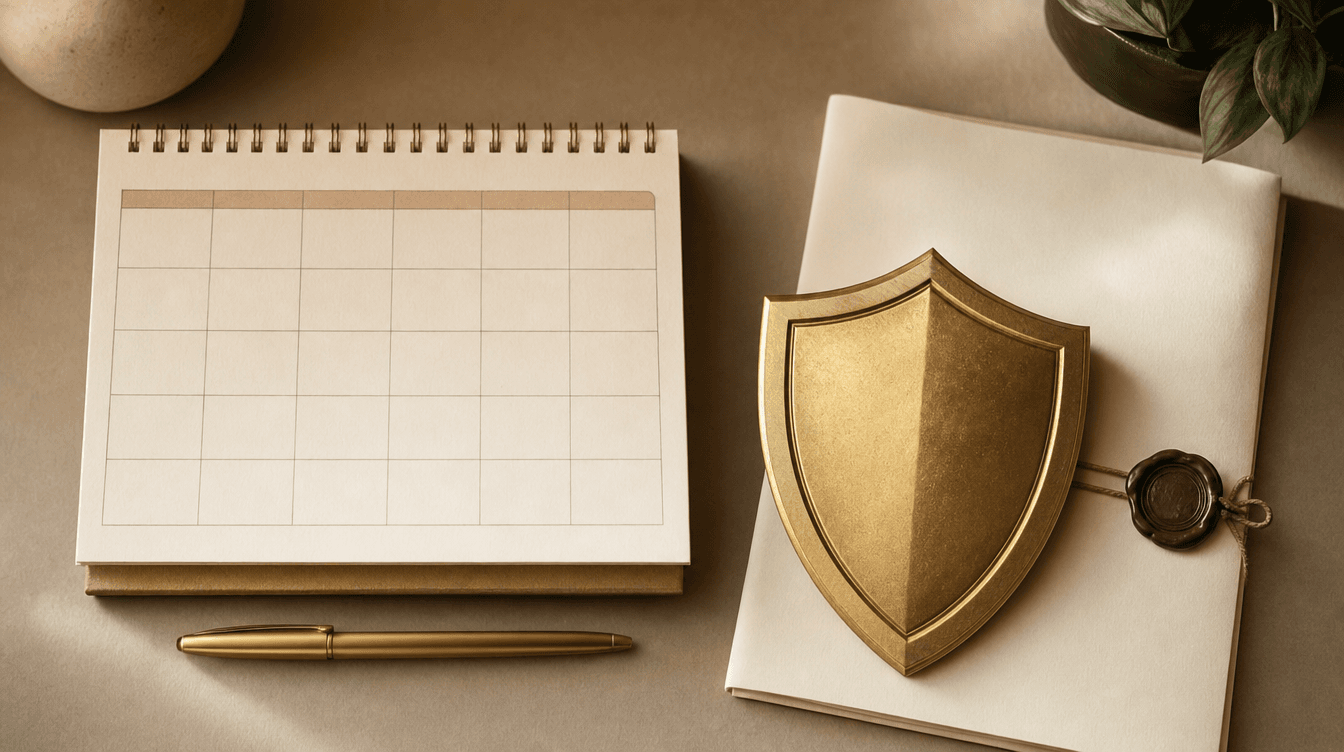 A conceptual image of two forms of protection: a calendar timeline element beside a shield and document on a warm desk