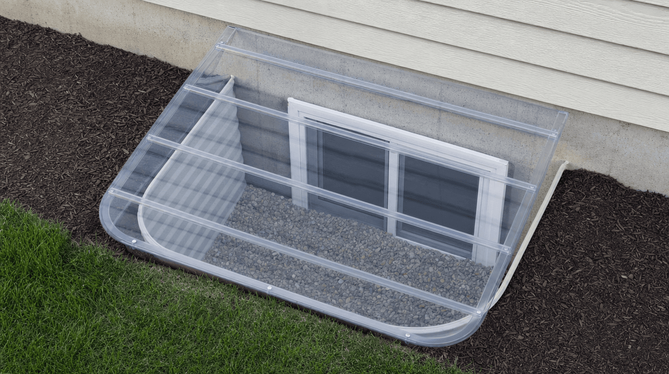 A basement window and window well, conveying window treatments and daylight below grade