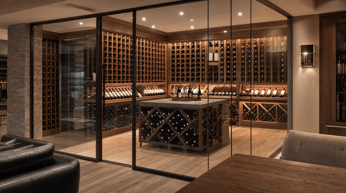 Glass-enclosed basement wine cellar with wood racking full of bottles and warm accent lighting