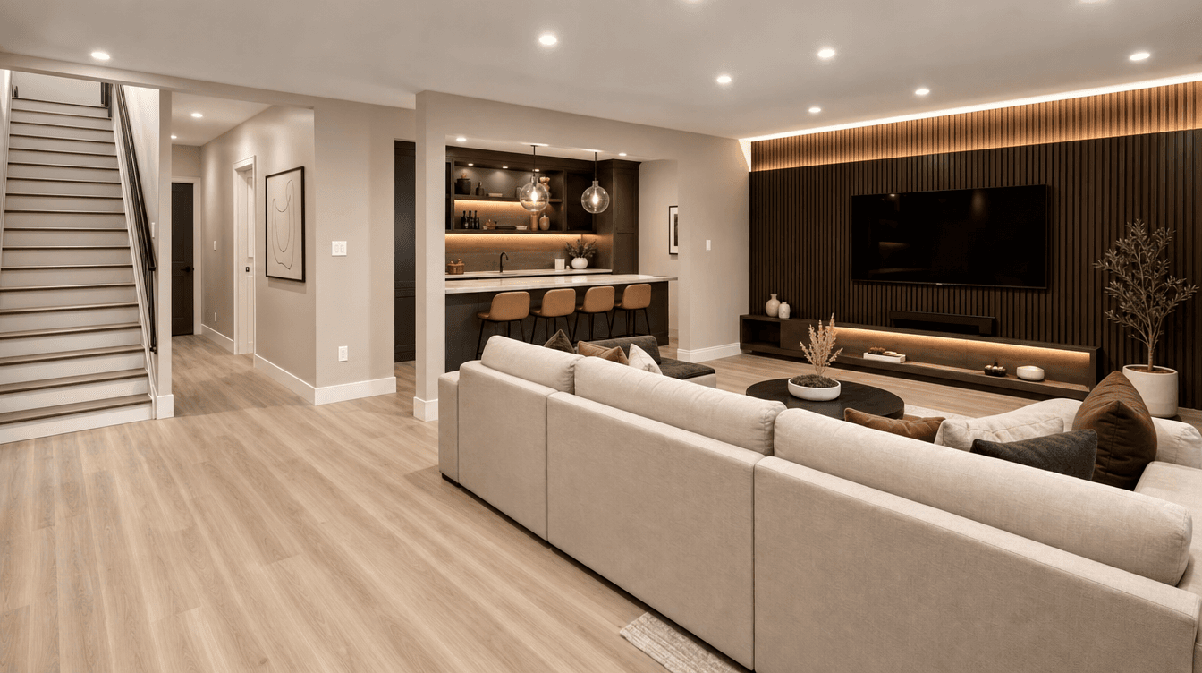 Finished basement showing a clean simple finish alongside a more luxurious finish with a feature wall