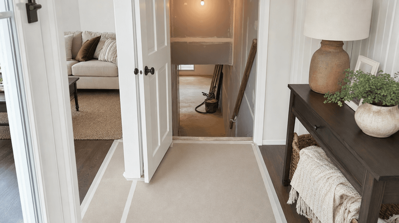 A home entryway with protective floor covering leading toward the basement stairs during a renovation.