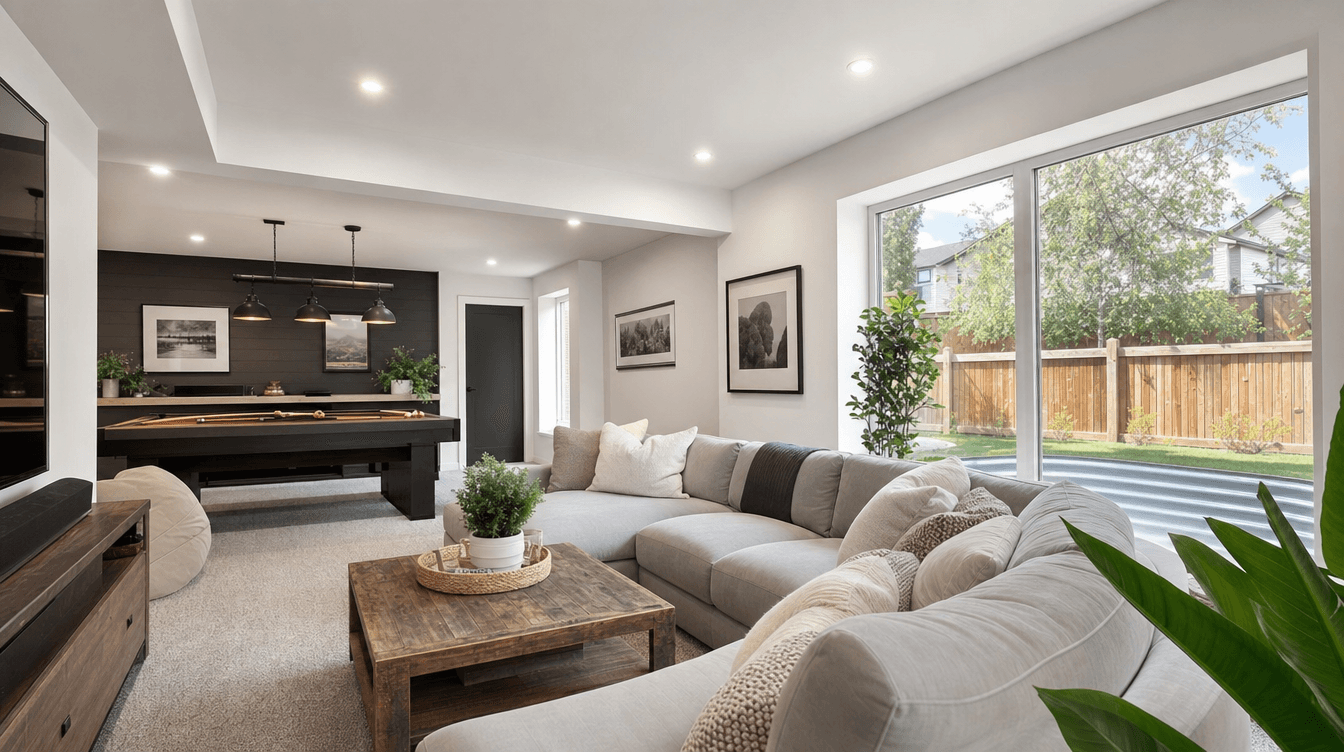 A bright, freshly finished basement rec room with a sunny window well in a Calgary home.