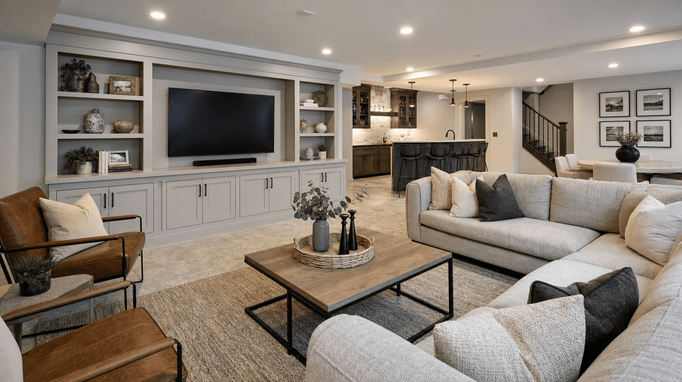 A beautifully finished basement living space showcasing quality craftsmanship in a Calgary home.