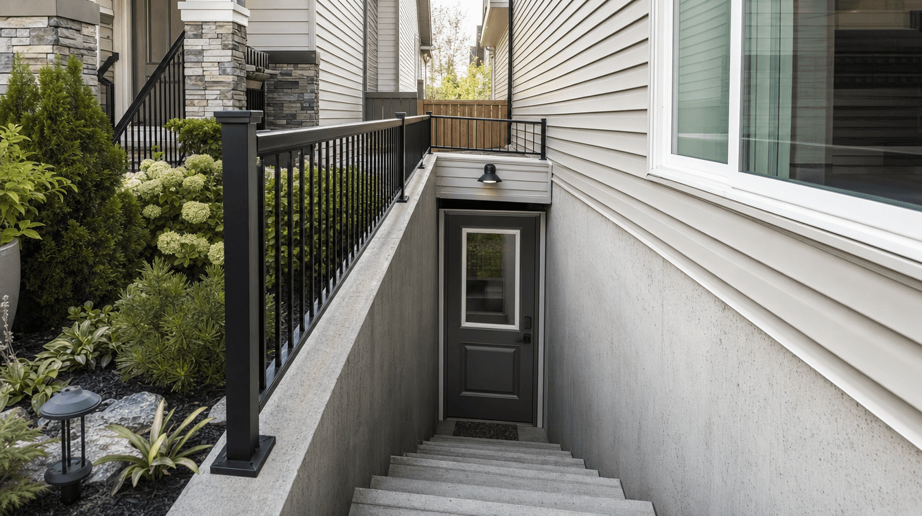 A separate side entrance to a basement suite with an exterior stairwell beside a Calgary home.