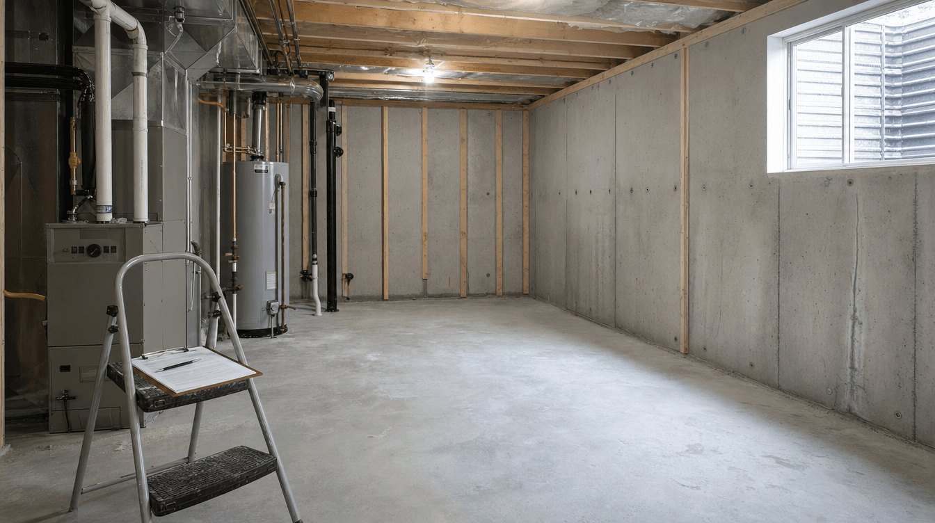 An unfinished basement with a notebook and plans, conveying planning a first basement development project