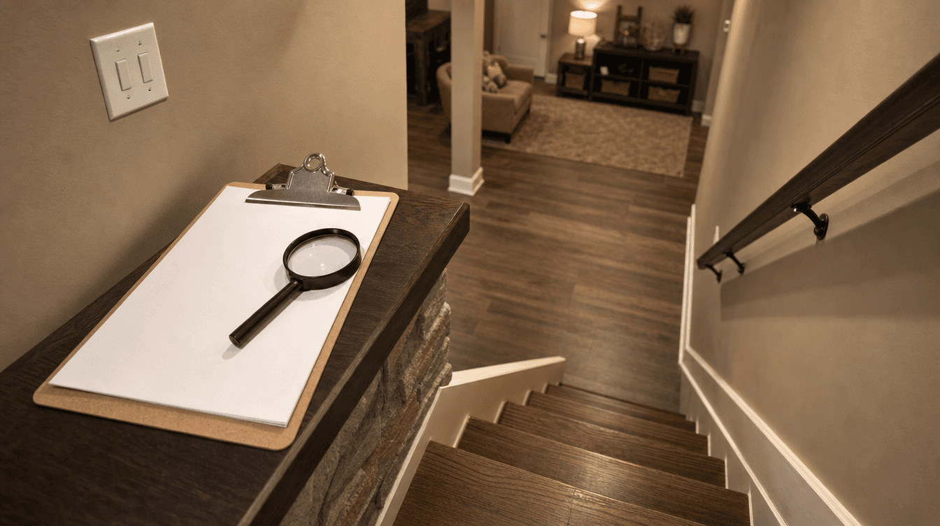 A home-inspection scene with a clipboard and magnifying glass on a finished basement staircase, conveying due diligence