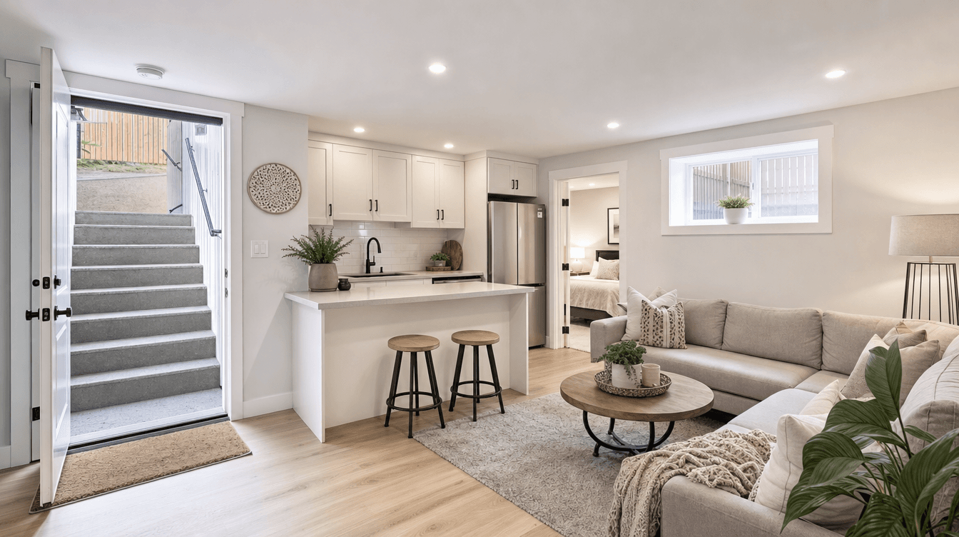 A bright, finished legal basement suite in Calgary with its own kitchenette and separate entrance.