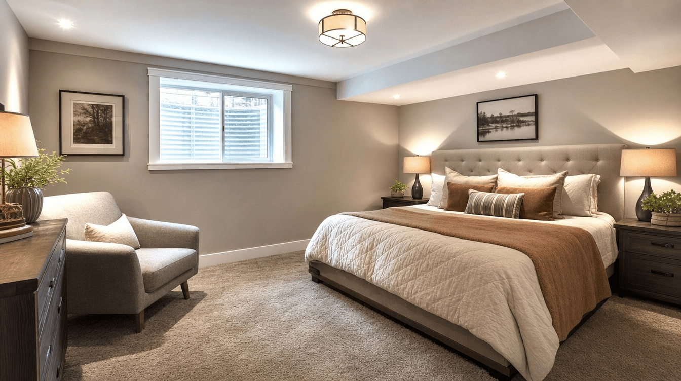 Basement flooring options laid out in a finished Calgary basement.