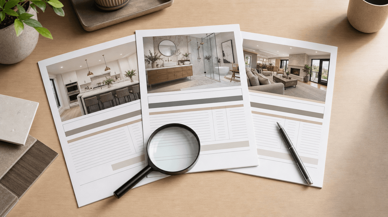 Three basement quote documents fanned out on a desk with a magnifying glass and pen