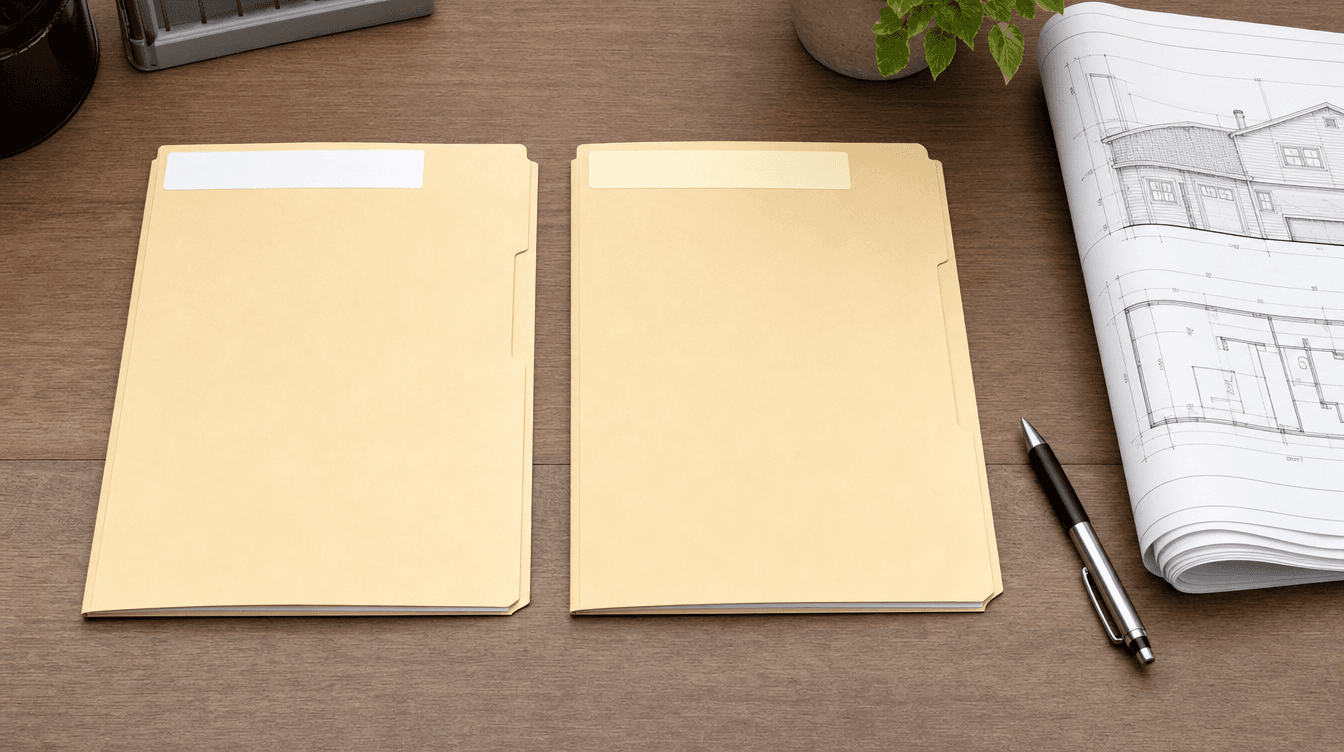 Two labeled permit document folders side by side on a desk with a house floor plan