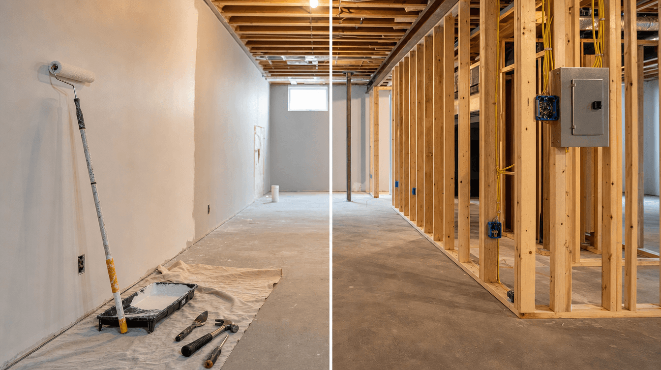 A split scene of DIY paint tools on one side and professional framing and electrical work on the other
