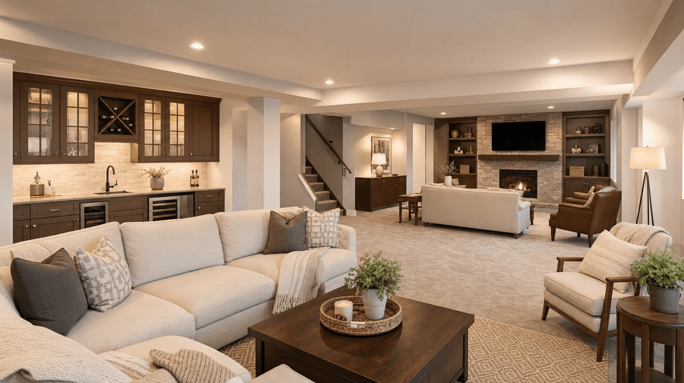 A bright, staged, welcoming finished basement living space conveying resale value