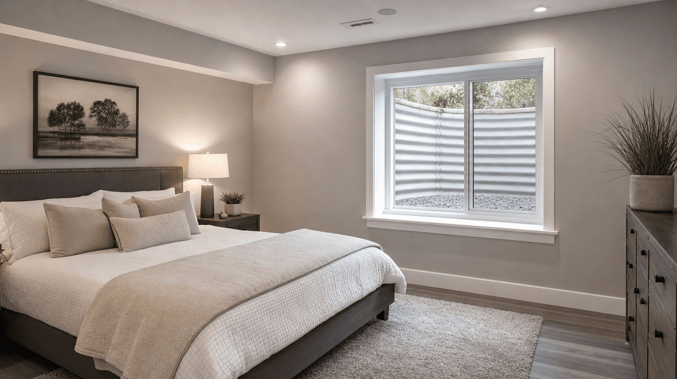 Large basement egress window with a finished window well letting daylight into a bright bedroom.