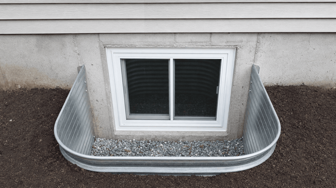 A newly installed basement egress window with a metal window well and gravel drainage, viewed from outside