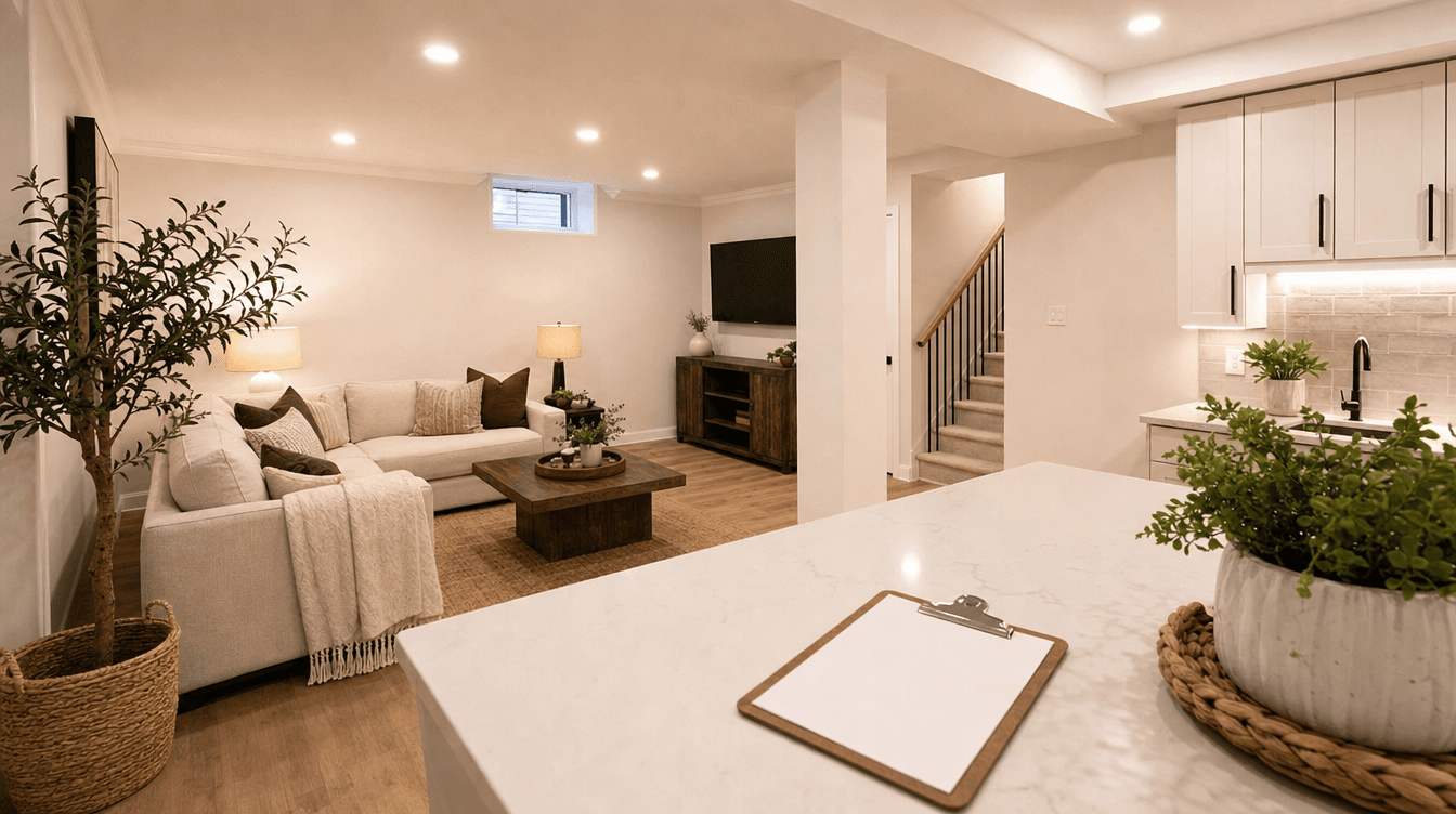 A freshly finished spotless basement living space ready for handover with a checklist on the counter