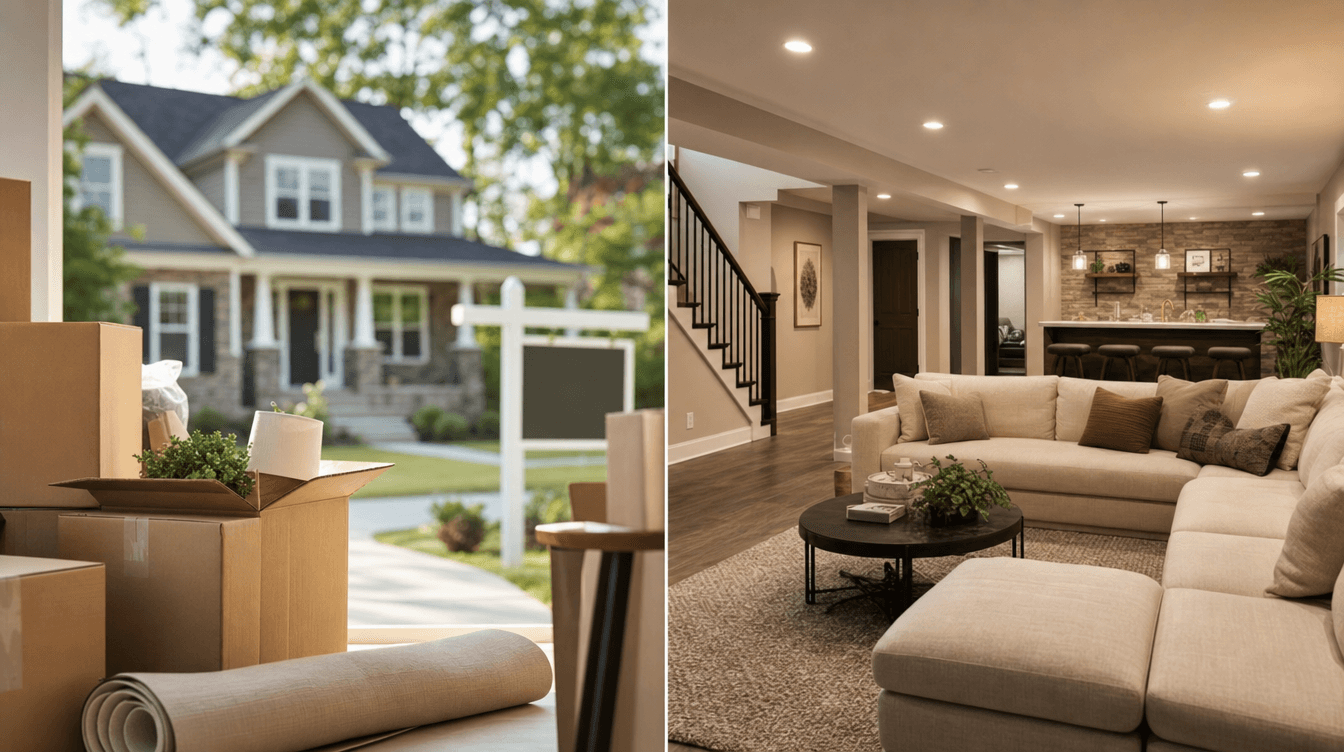 A split scene of moving boxes on one side and a warm finished basement on the other, representing a decision