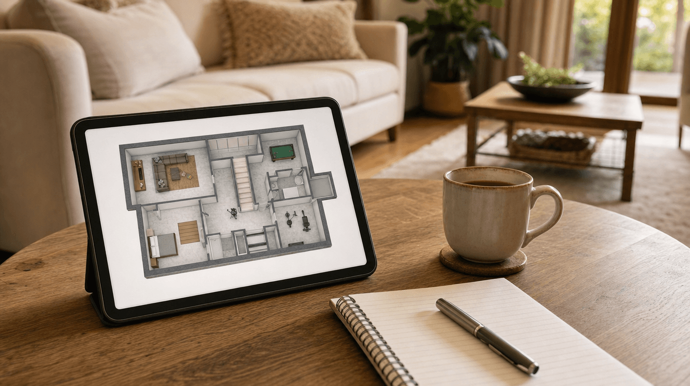 A designer's tablet showing a basement layout on a table in a home with a notebook and coffee