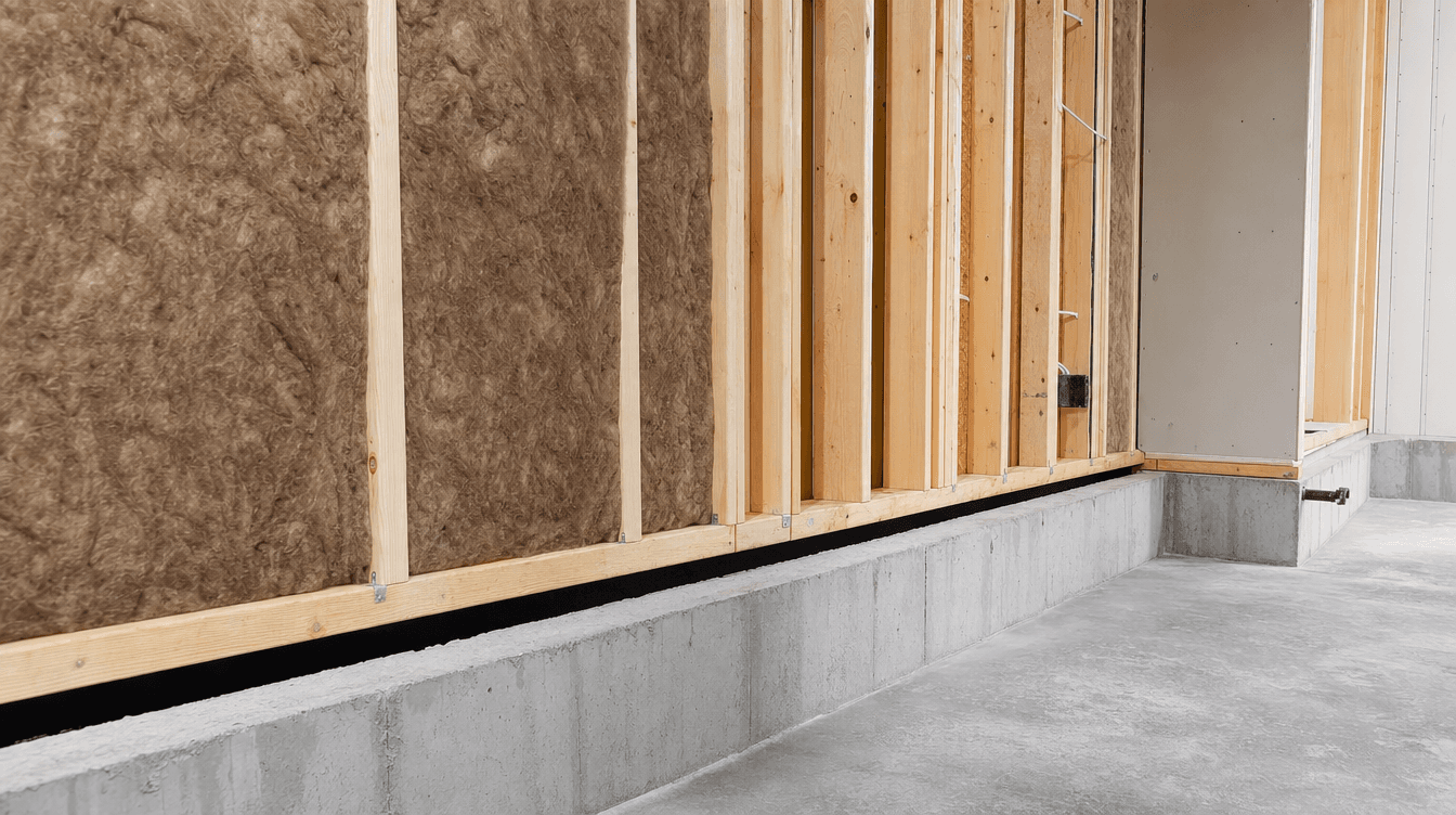 Framed wood stud walls in a basement standing slightly off the concrete foundation wall.