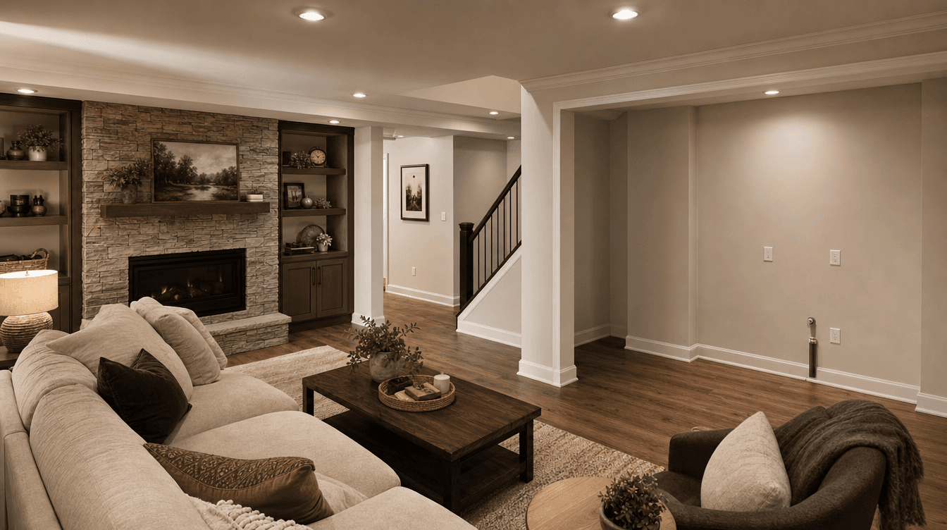 A warm finished basement family space with a subtle hint of a kitchenette-ready wall, suite-ready