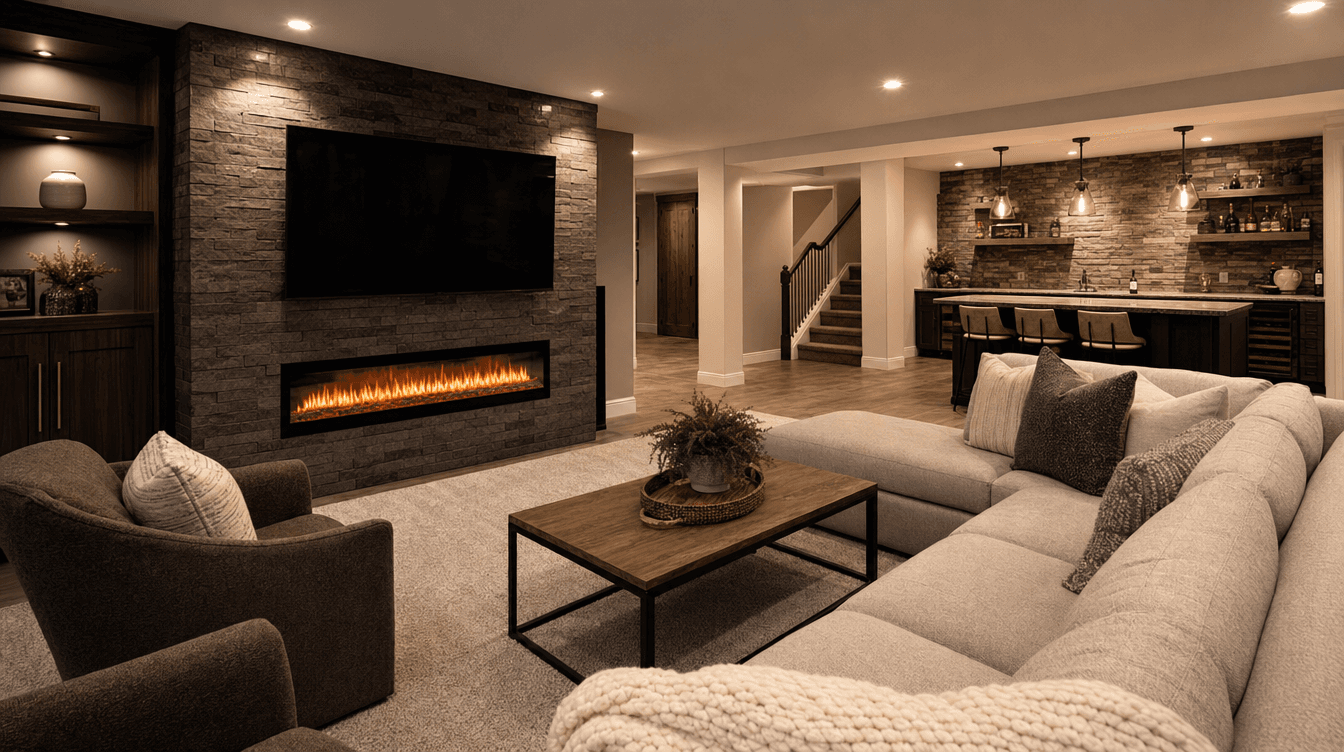 A cozy finished basement living area with a modern electric fireplace built into a feature wall.