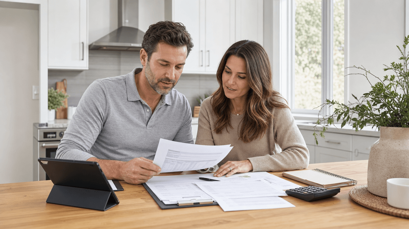 Homeowner reviewing a detailed, itemized basement quote at a kitchen table.