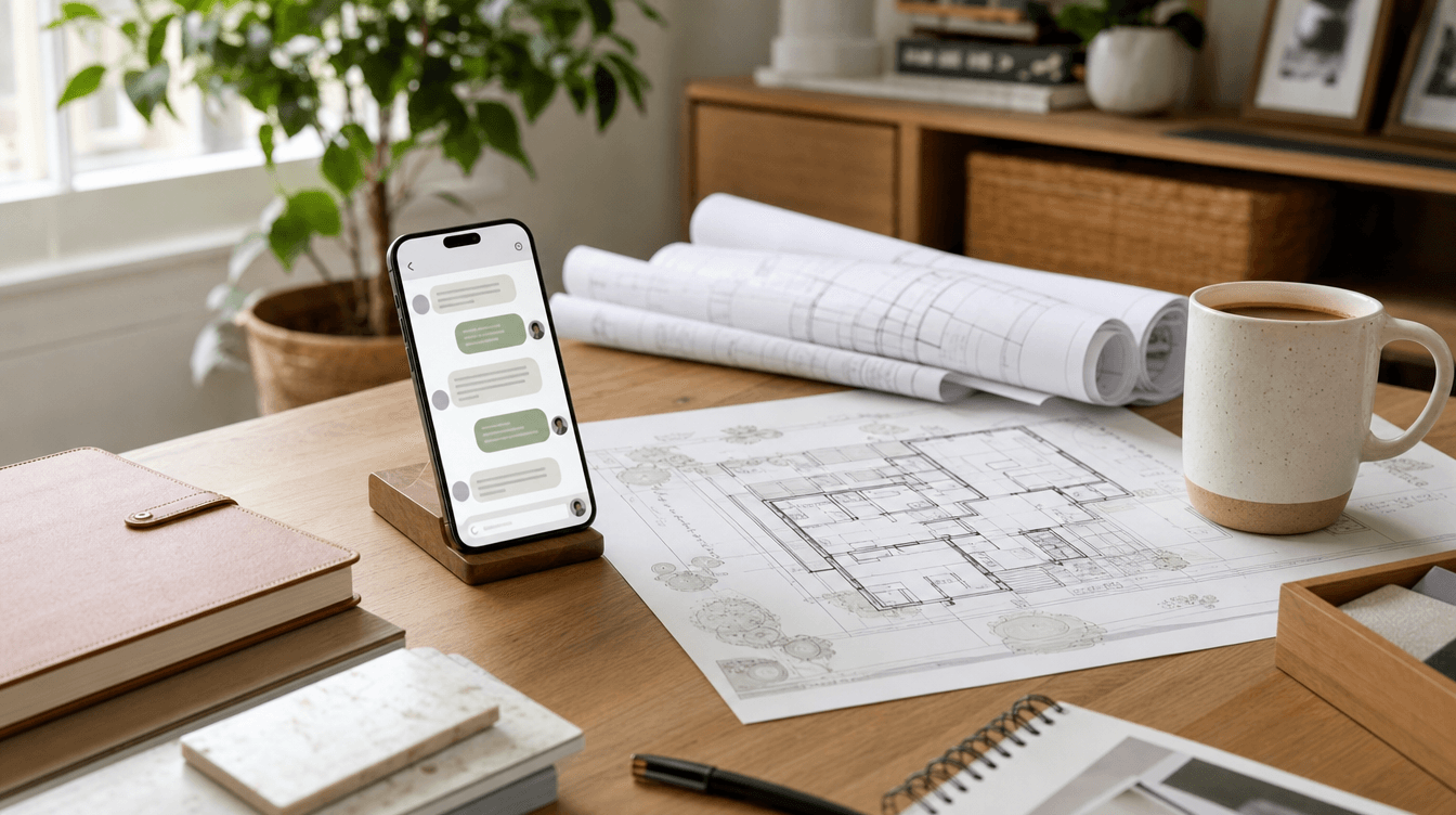 A warm homeowner's desk with a phone showing a friendly message thread, house plans, and a coffee, conveying easy involvement