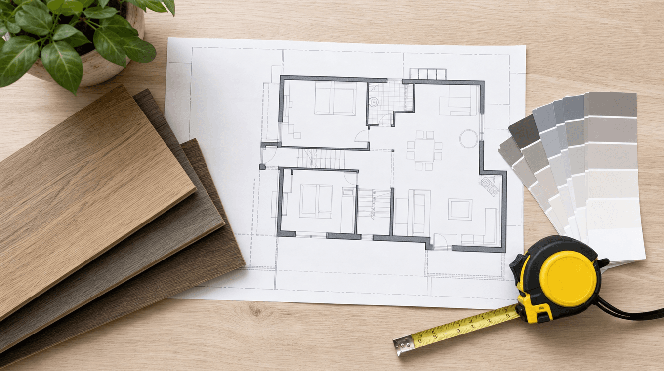 A basement planning flat-lay with a checklist notebook, pen, and a rolled house plan on a warm desk