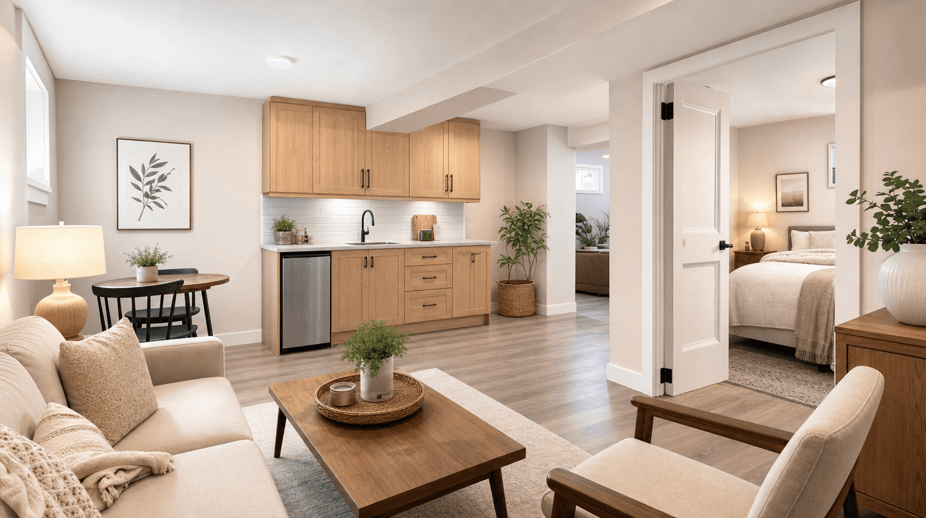 A finished, self-contained legal basement suite set up for a family member in Calgary.