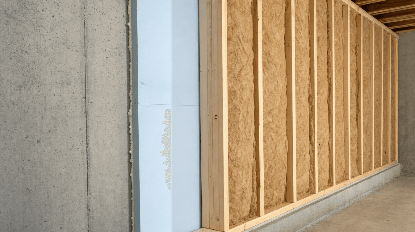 Basement wall under construction with rigid foam against the concrete and a framed stud wall in front
