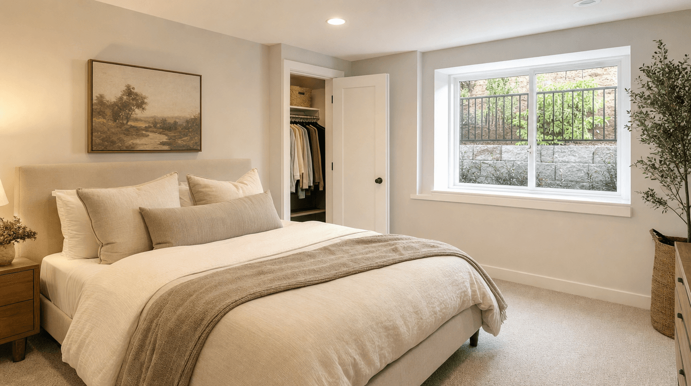A finished basement bedroom with a large code-compliant egress window, a bed, and a closet