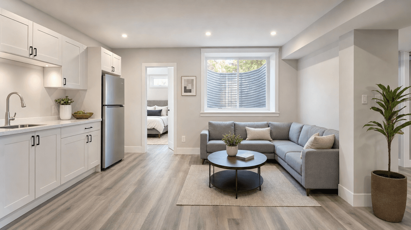 Bright, finished legal basement suite with a clear egress window and its own kitchenette.