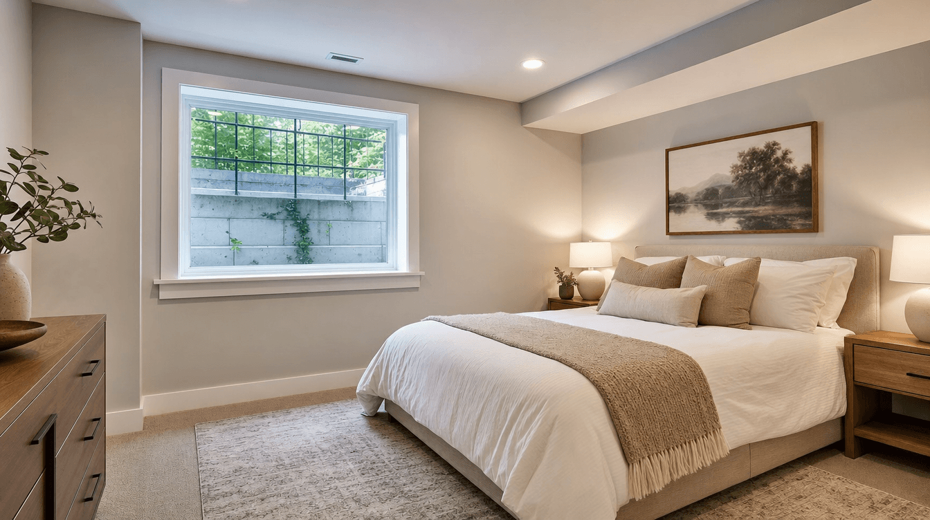 A finished basement suite bedroom in Calgary with a large code-compliant egress window.