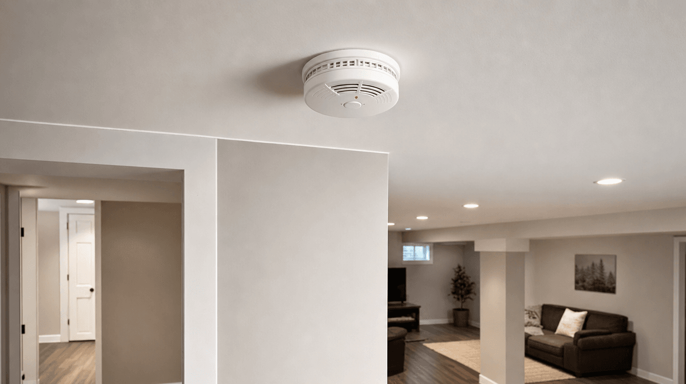 A ceiling-mounted smoke alarm and fire-rated drywall separation detail in a finished basement
