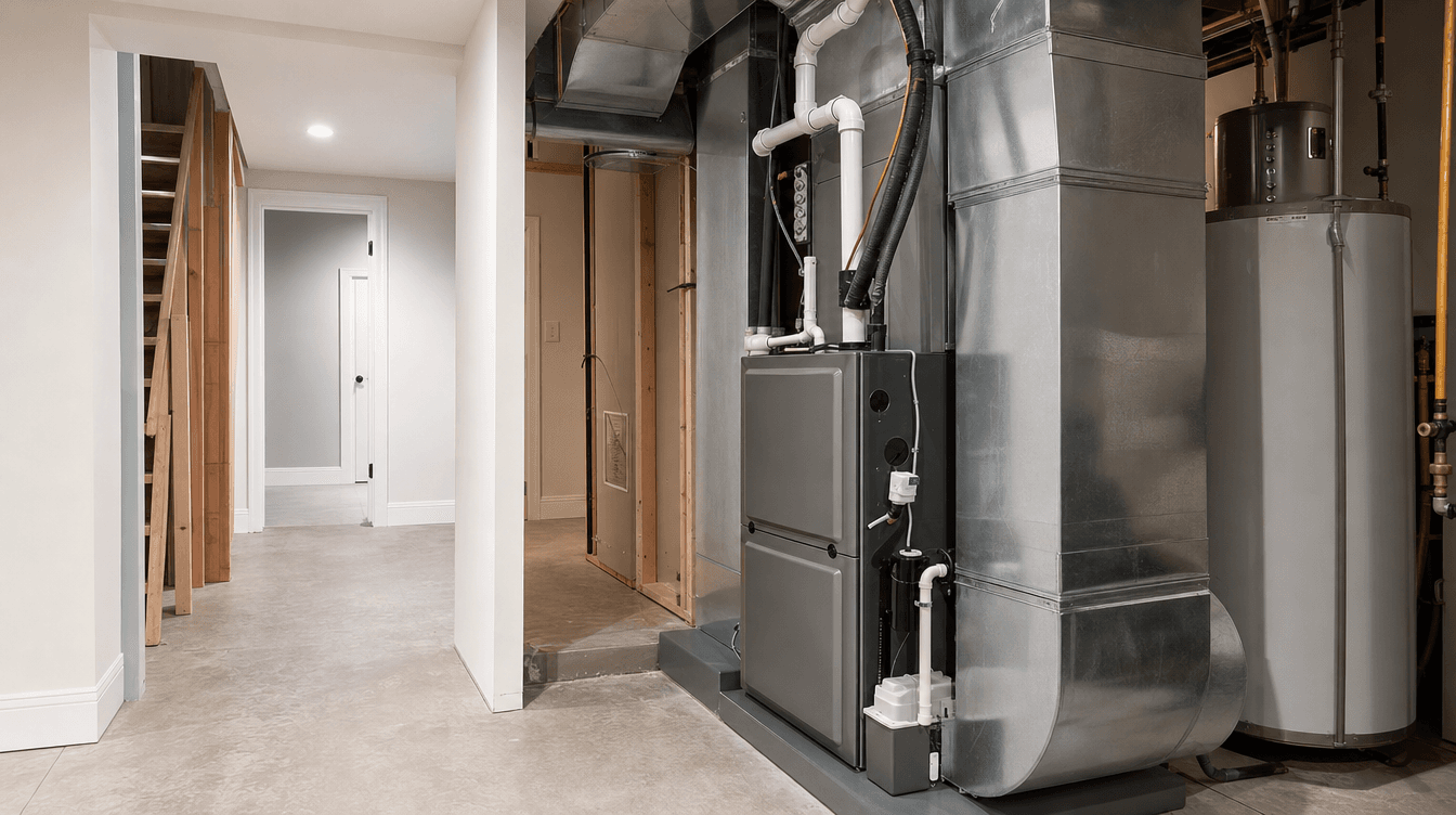 A clean basement mechanical room with a modern furnace and ductwork serving a legal suite.