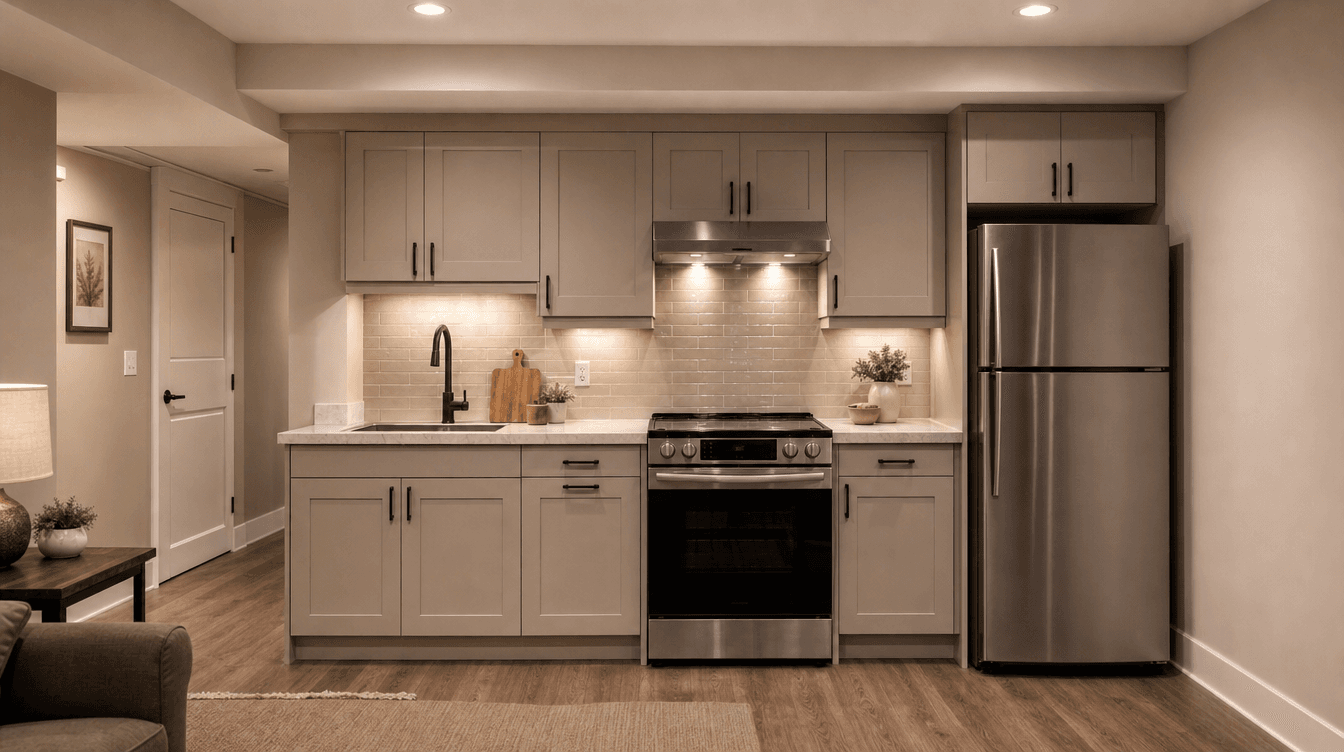 A compact, efficient finished basement-suite kitchen with a sink, a range with a hood, cabinetry, and a fridge