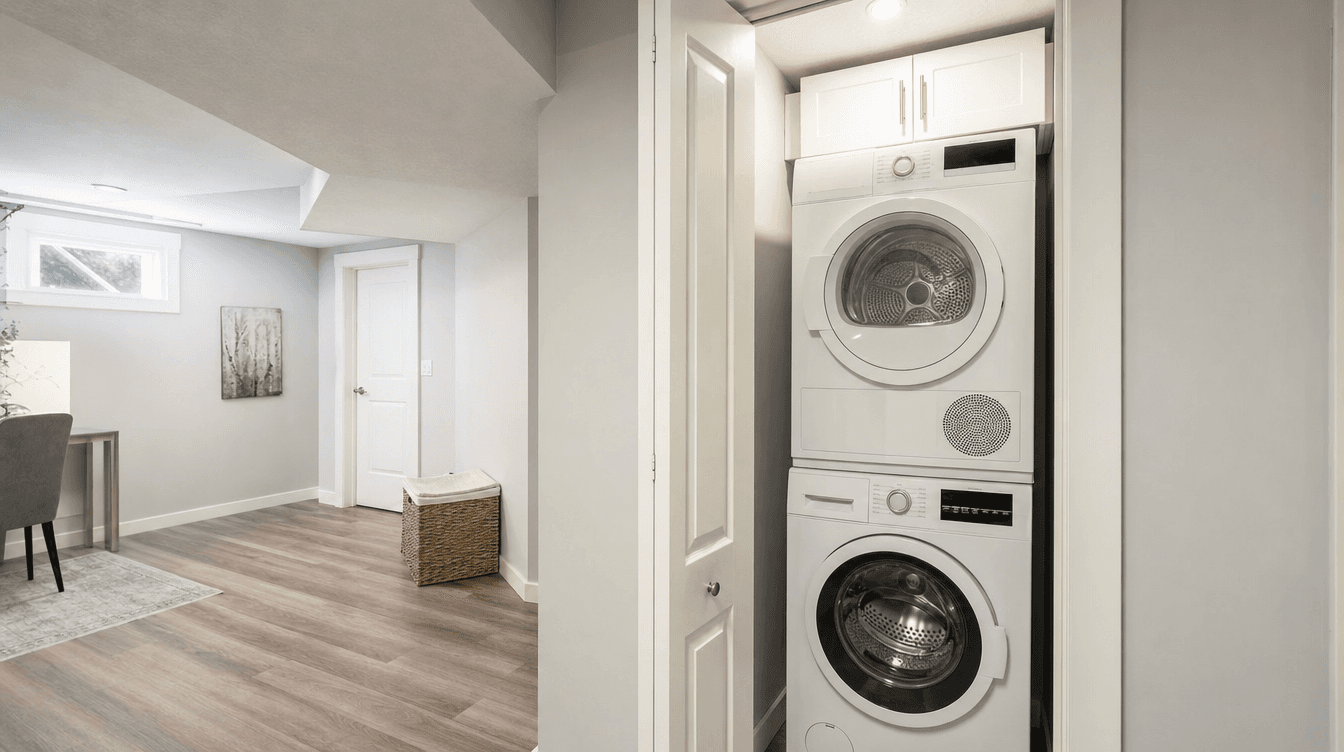A compact stacked washer and dryer in a finished basement suite laundry nook in Calgary.