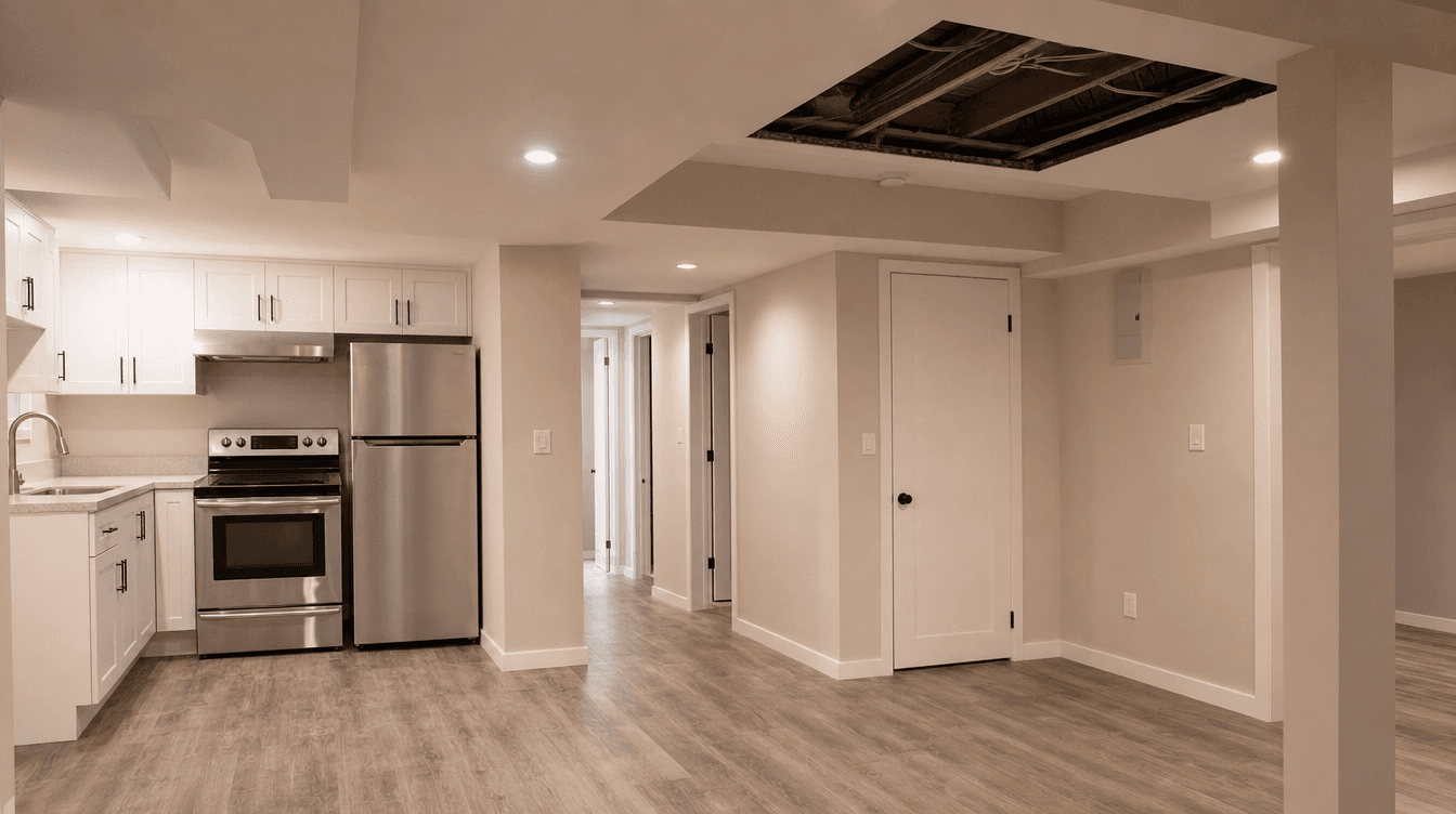 A desk with house plans and an approval document, conveying legalizing or retrofitting a suite in an older home