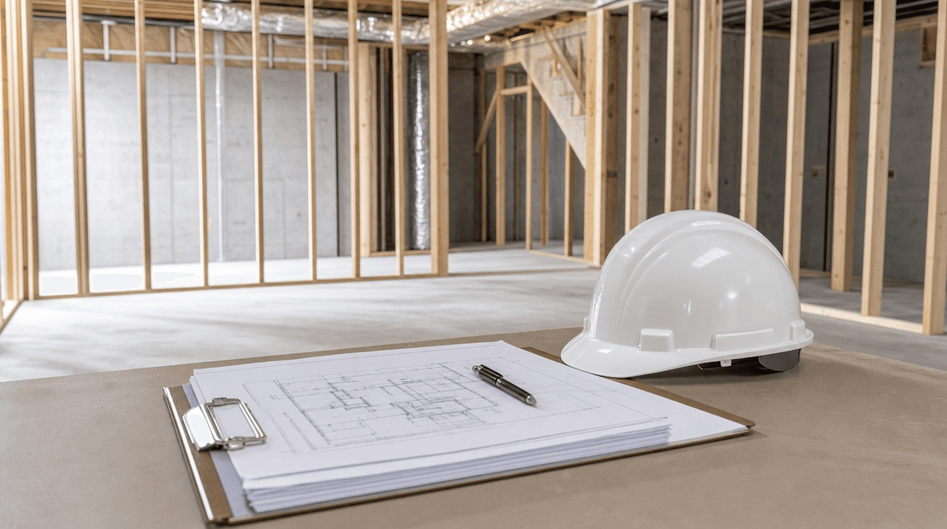 A contractor's clipboard with documents and a hard hat in a clean basement under construction in Calgary.