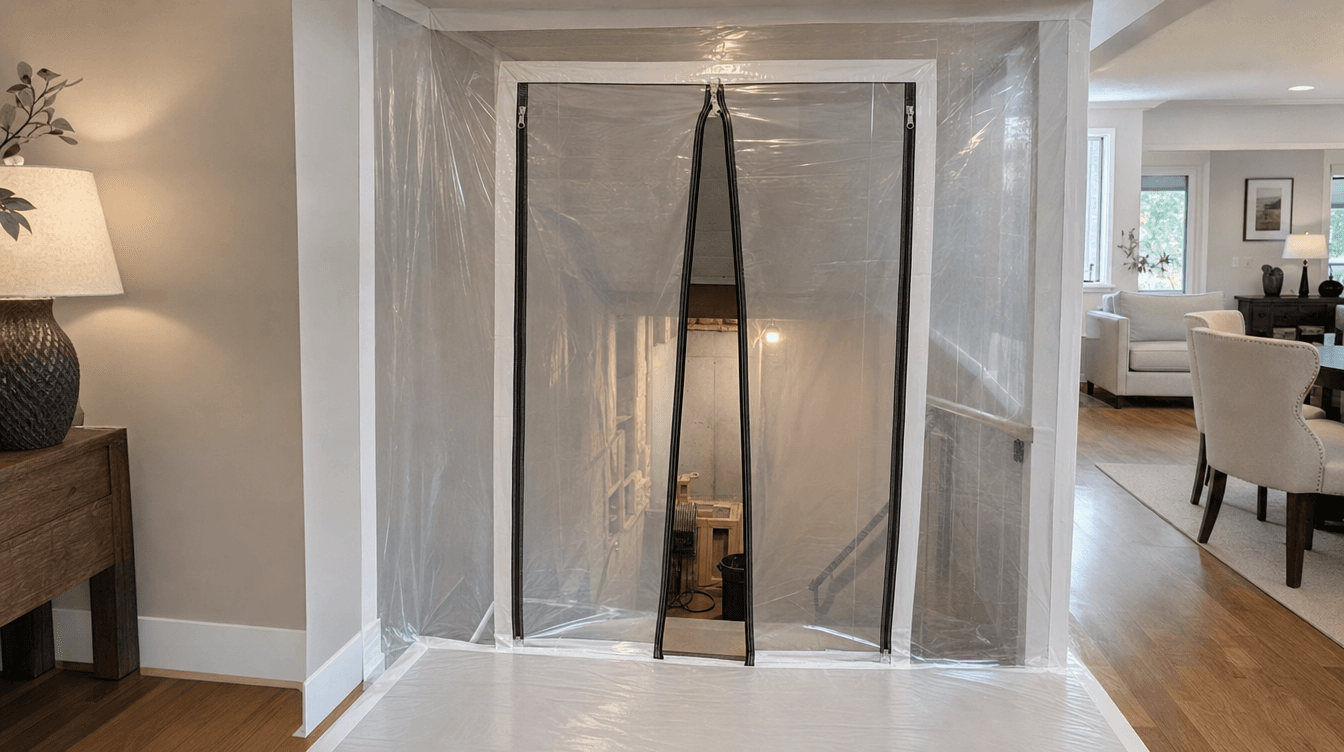 Tidy home interior with a zippered dust-barrier wall and floor protection sealing off a basement stairway