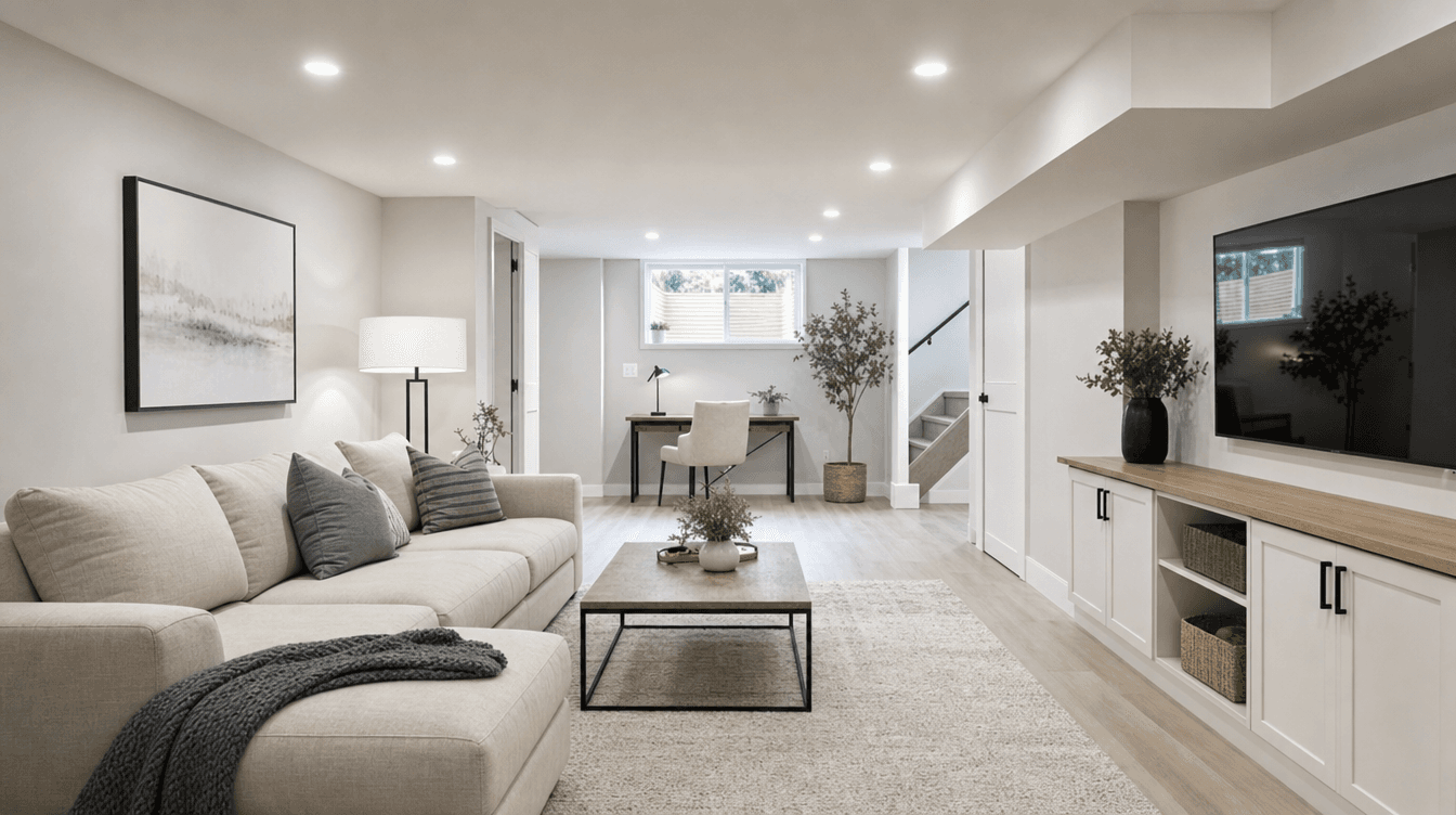 A bright finished basement with a lower ceiling designed to feel spacious, with recessed lighting.