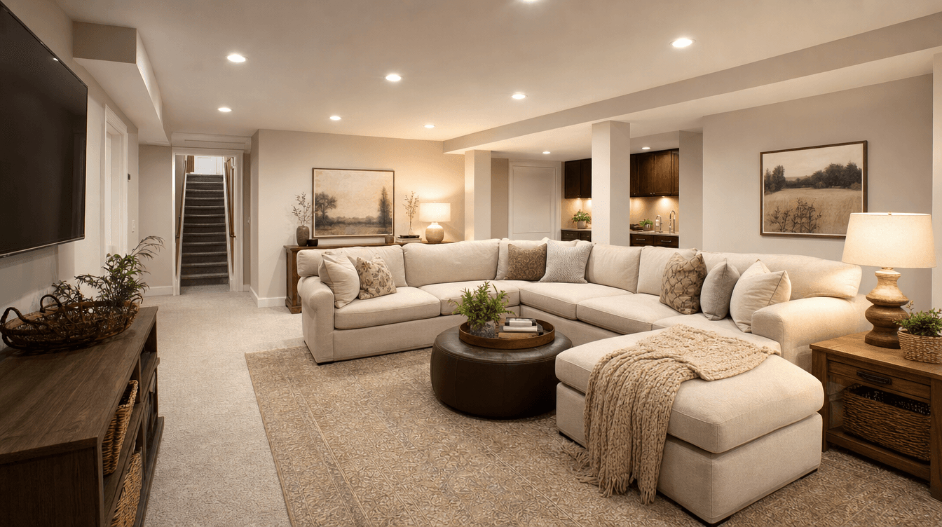Bright, warm finished basement living area with layered lighting and light walls