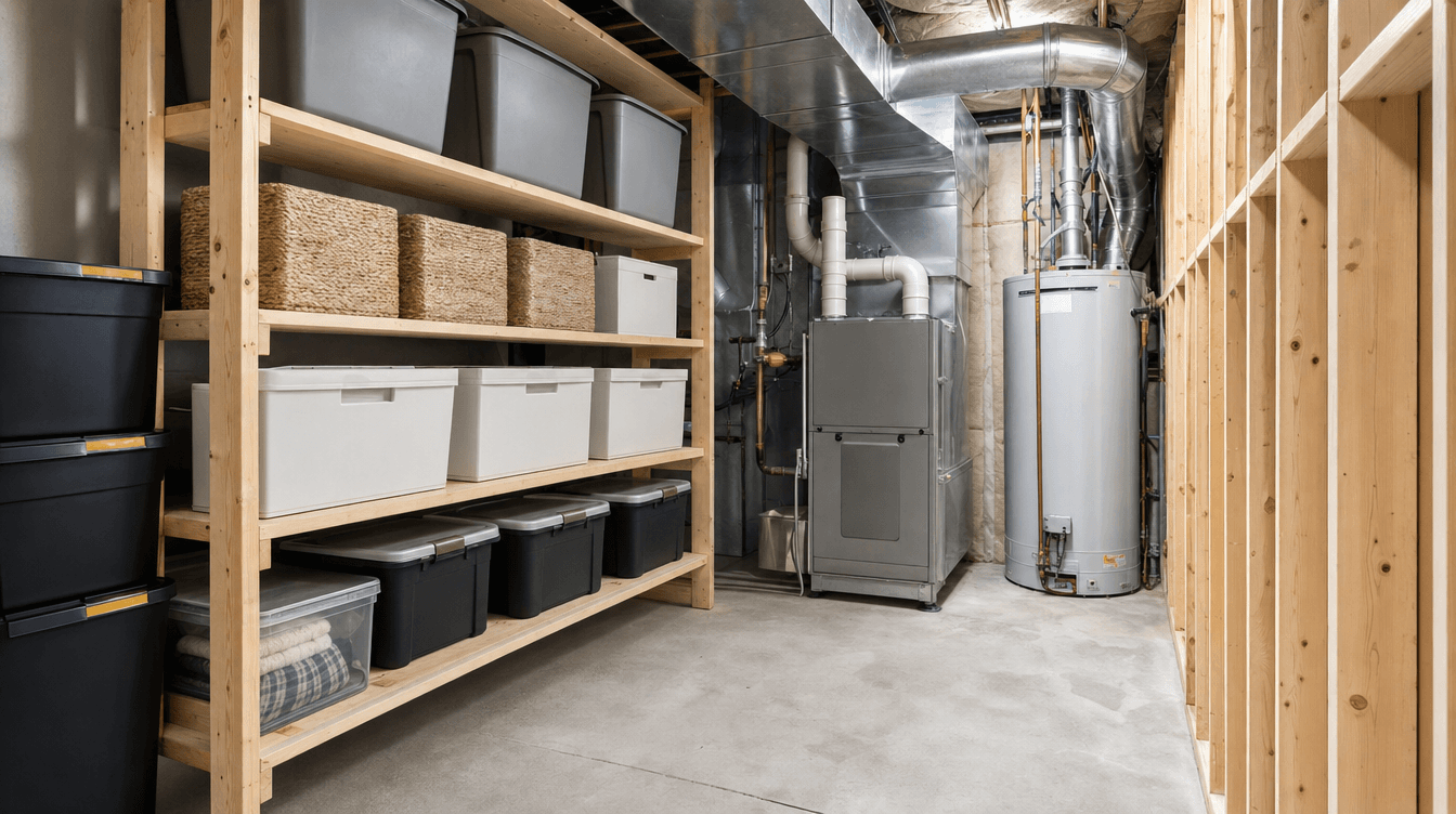 Framed storage room with shelving beside the mechanical area of a Calgary basement.