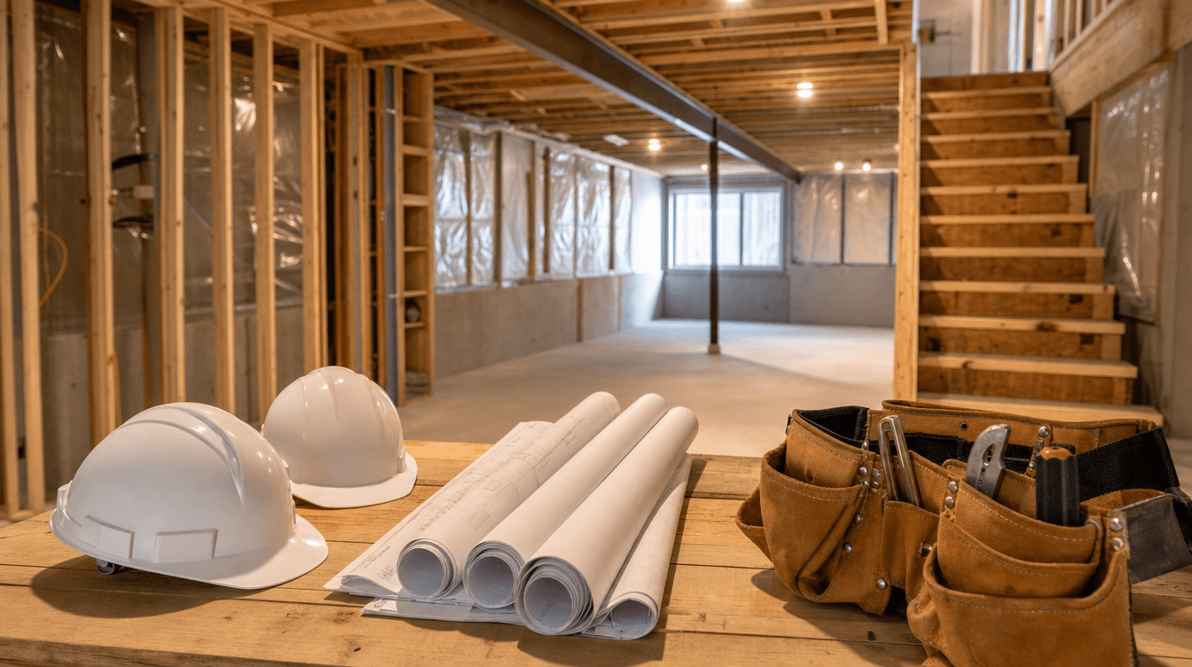 A warm job-site scene suggesting a small construction team with hard hats and plans on a table, no faces