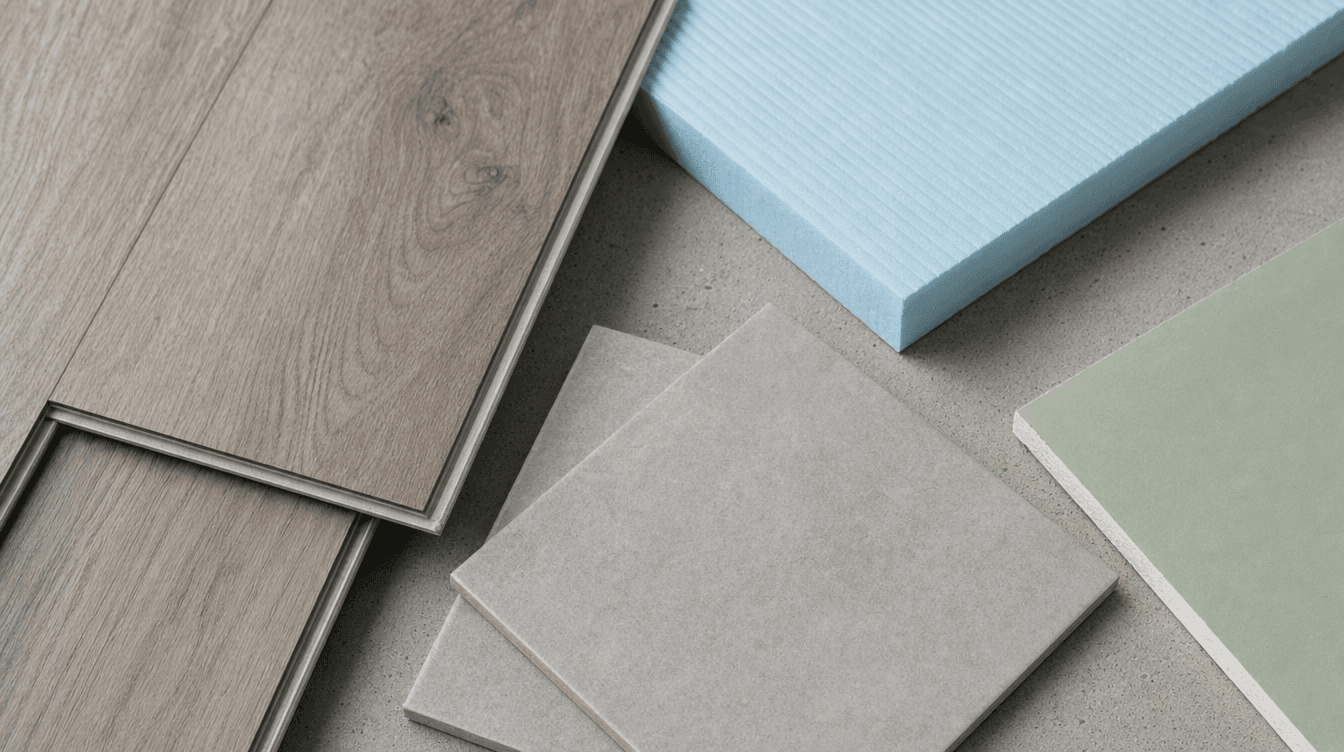 Flat-lay of basement materials: luxury vinyl plank, tile, rigid foam insulation, and moisture-resistant drywall