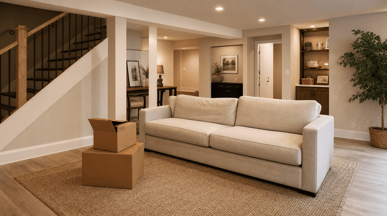 A warm freshly finished basement being furnished with a sofa and a couple of moving boxes going into place
