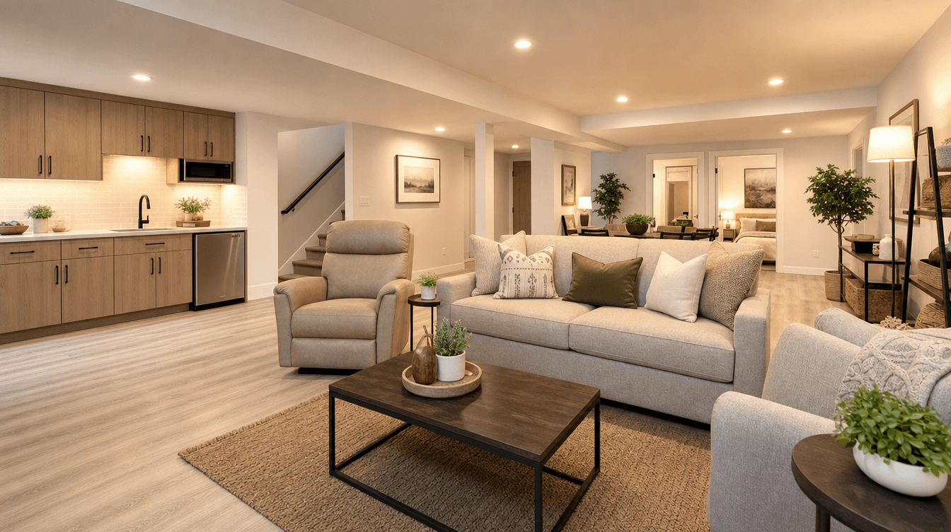 A warm, accessible finished basement suite living area with a kitchenette, designed for a multigenerational household.