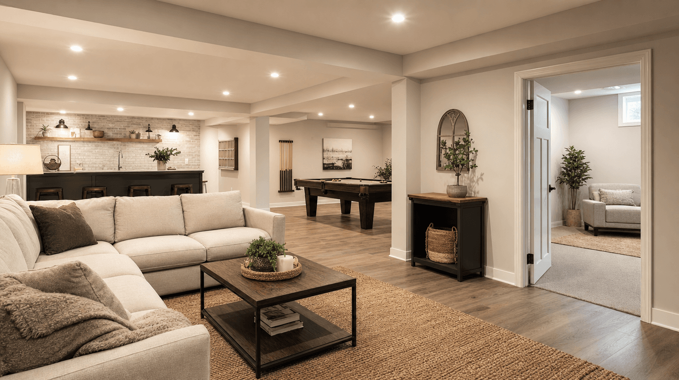 Bright open-concept finished basement with a defined seating zone and a partial wall to a room beyond