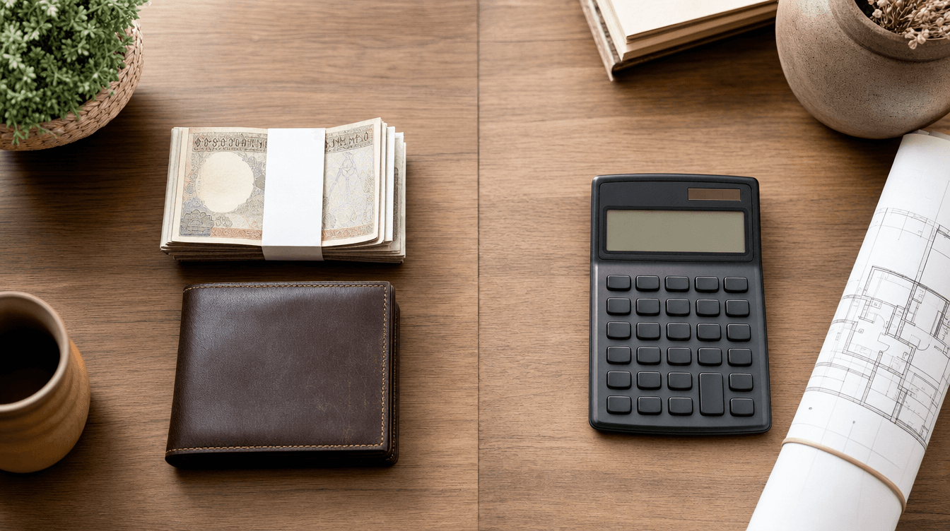A conceptual flat-lay weighing cash on one side and a calculator with a house plan on the other on a warm desk