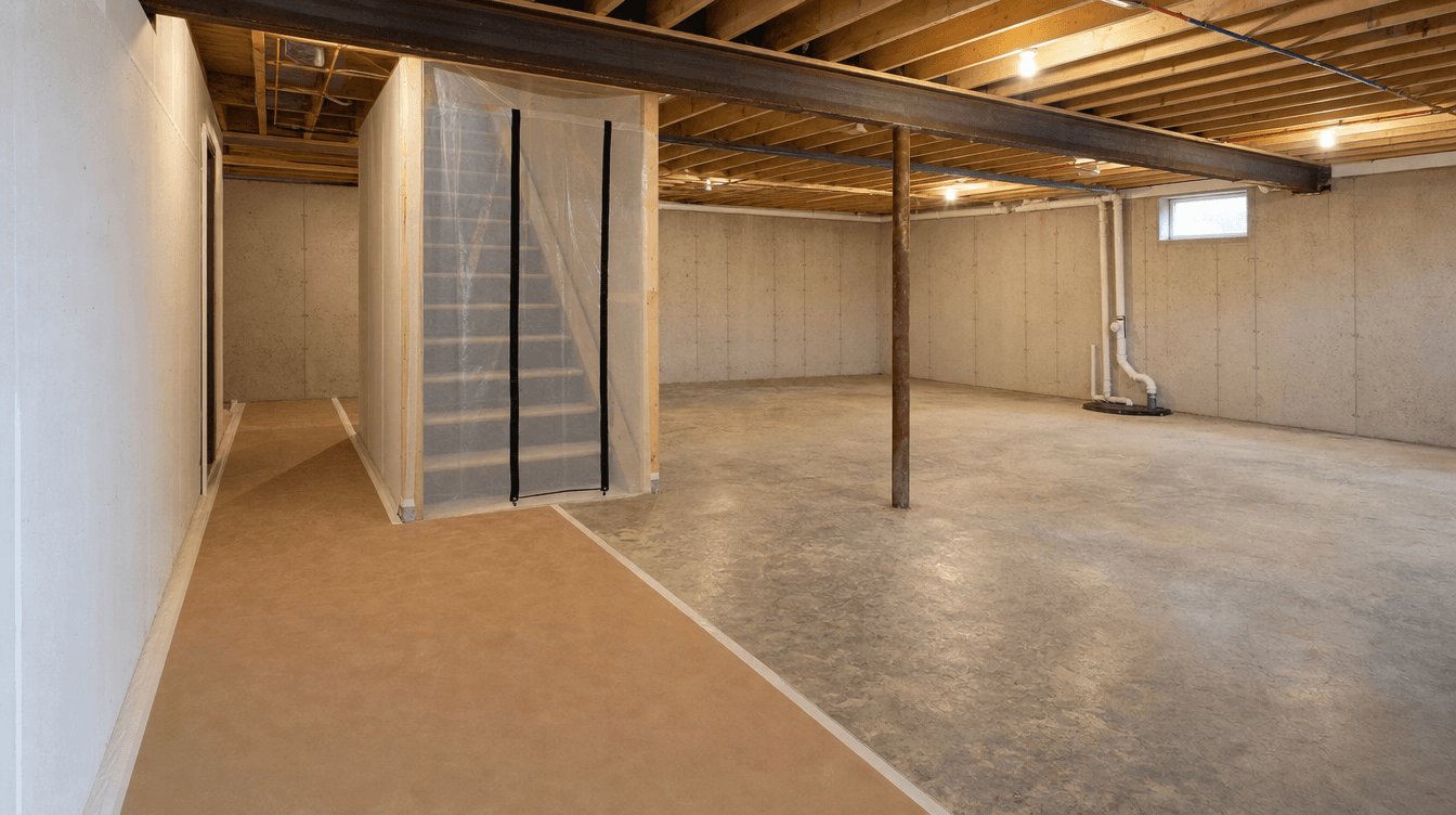 Floor and doorway protection laid along an interior route to a basement, conveying protecting the home during a build
